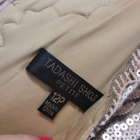 New Tadashi Shoji Taupe Sequin Lace Sheath Midi Dress Size 12 P Petite Sleevless - Picture 8 of 9
